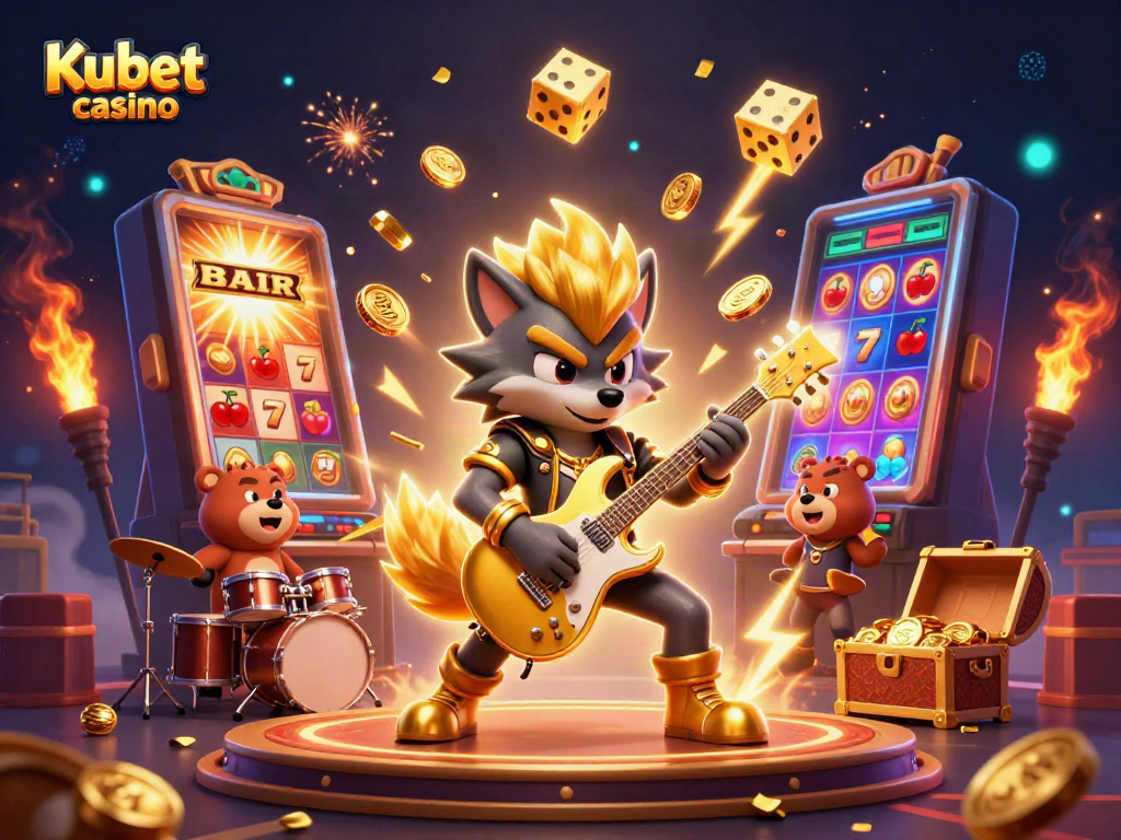 Kubet casino's dynamic scene with cartoon wolf rock star and drummer bear amidst vibrant casino elements.