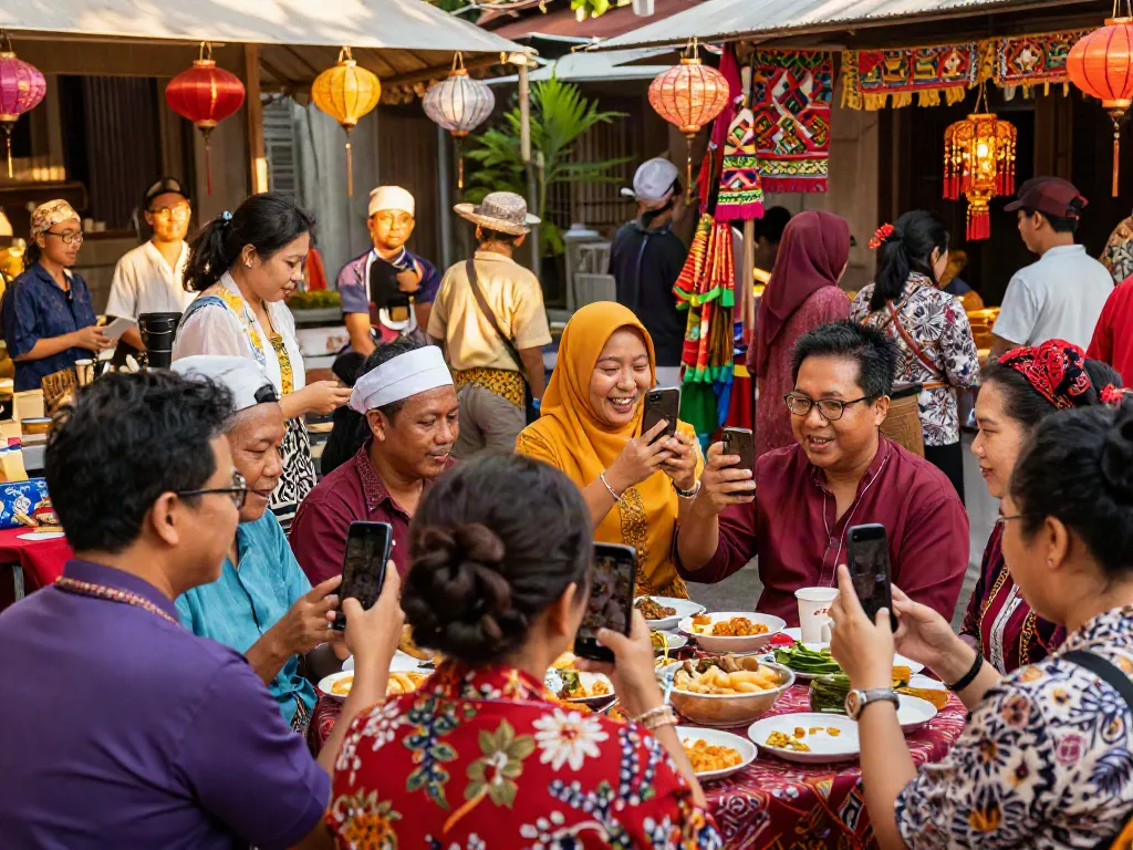 Community celebration featuring diverse individuals sharing nyonya4d content, dressed in colorful Peranakan attire, amidst a festive atmosphere.